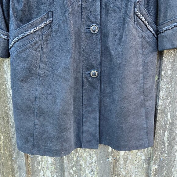 Vintage Black Leather Trench Coat jacket Womens Size L Braided Trim Mid Length - Picture 6 of 14